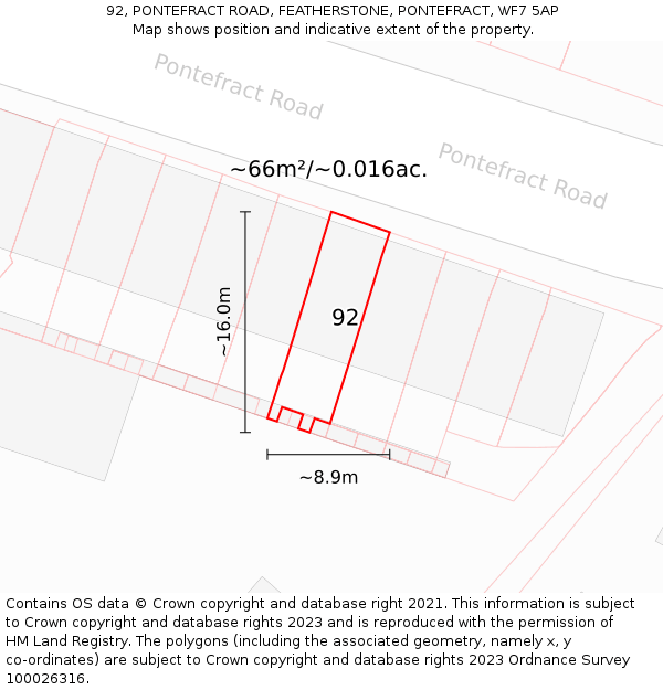 92, PONTEFRACT ROAD, FEATHERSTONE, PONTEFRACT, WF7 5AP: Plot and title map