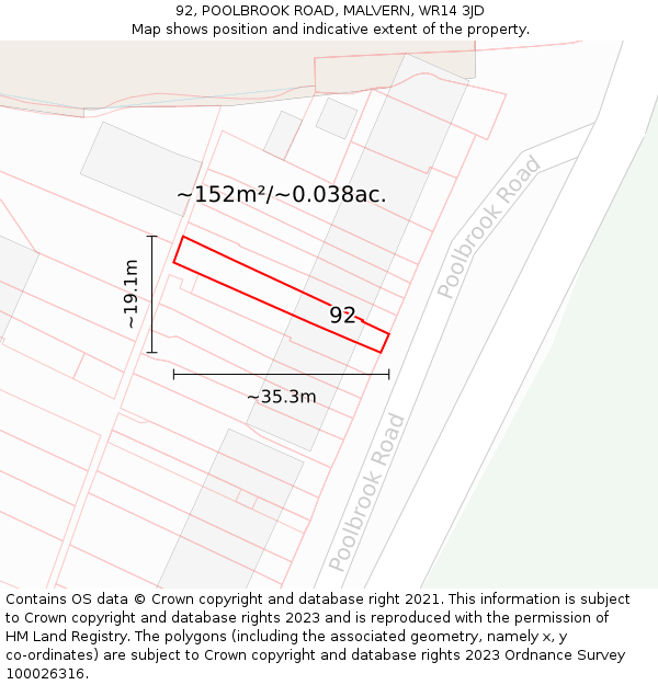 92, POOLBROOK ROAD, MALVERN, WR14 3JD: Plot and title map