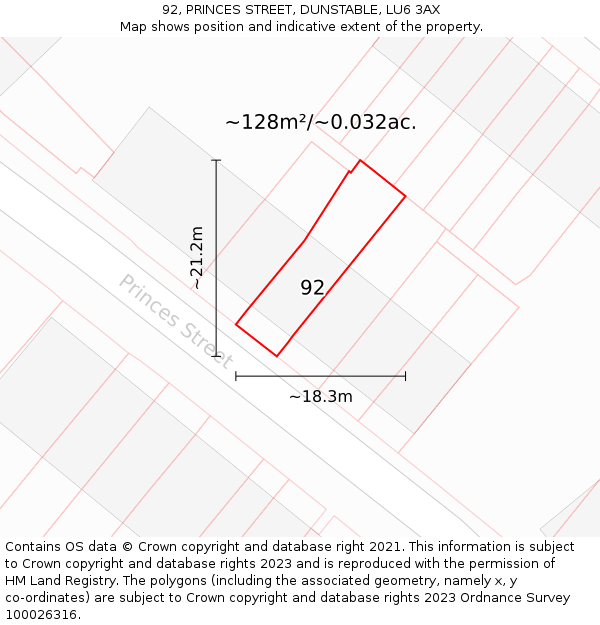 92, PRINCES STREET, DUNSTABLE, LU6 3AX: Plot and title map
