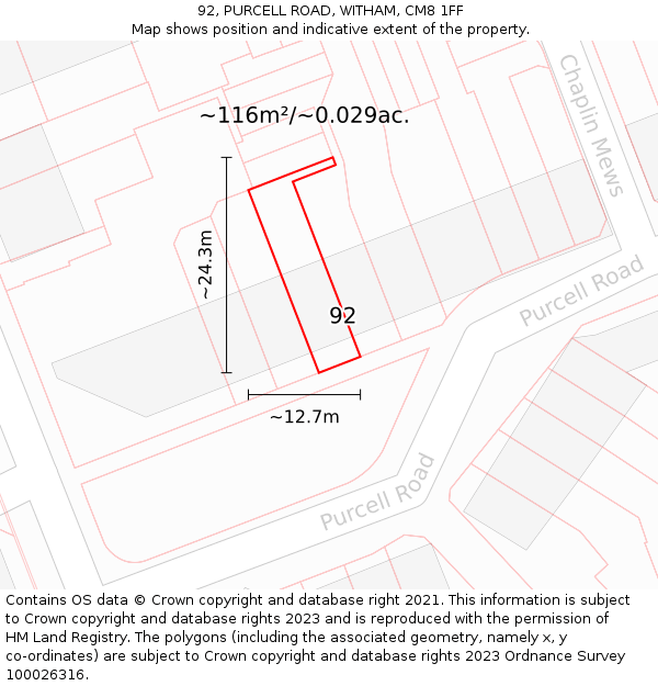 92, PURCELL ROAD, WITHAM, CM8 1FF: Plot and title map