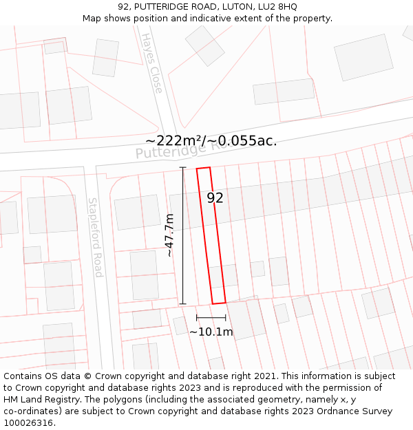 92, PUTTERIDGE ROAD, LUTON, LU2 8HQ: Plot and title map