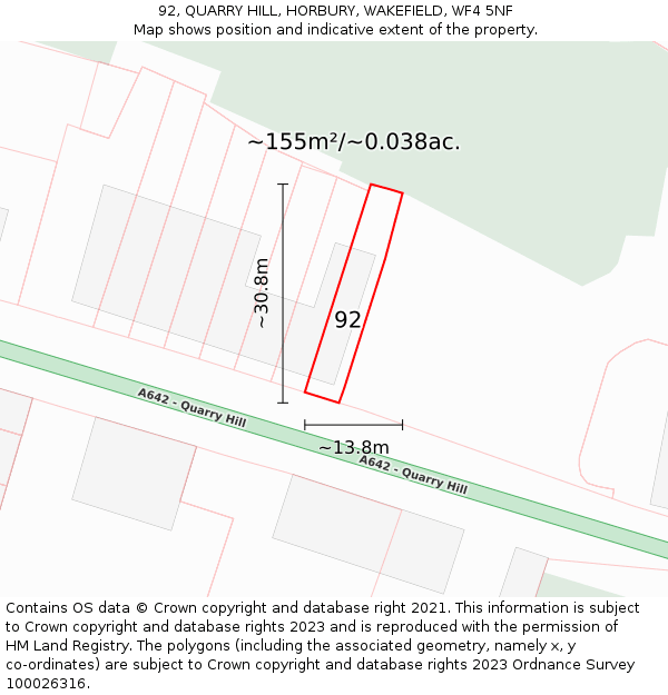 92, QUARRY HILL, HORBURY, WAKEFIELD, WF4 5NF: Plot and title map