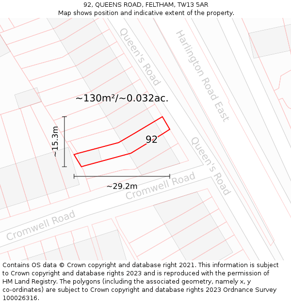 92, QUEENS ROAD, FELTHAM, TW13 5AR: Plot and title map