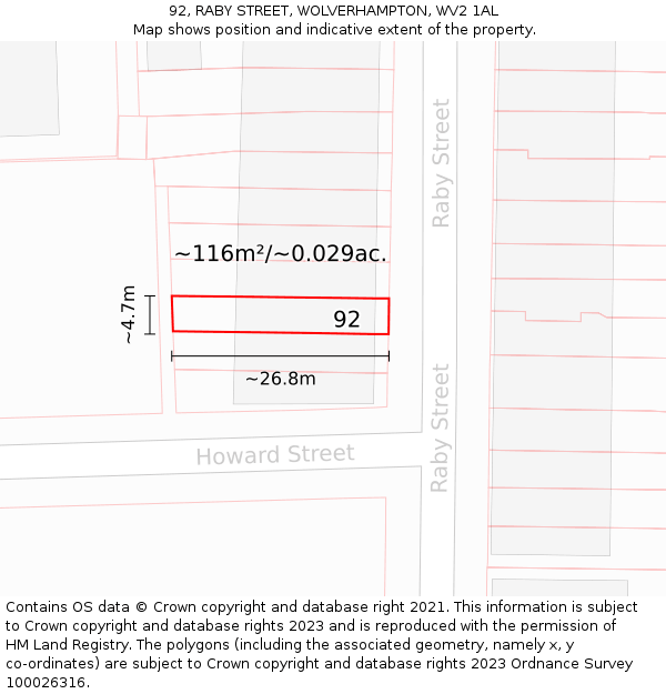 92, RABY STREET, WOLVERHAMPTON, WV2 1AL: Plot and title map