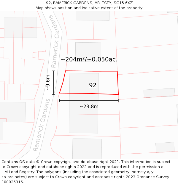 92, RAMERICK GARDENS, ARLESEY, SG15 6XZ: Plot and title map