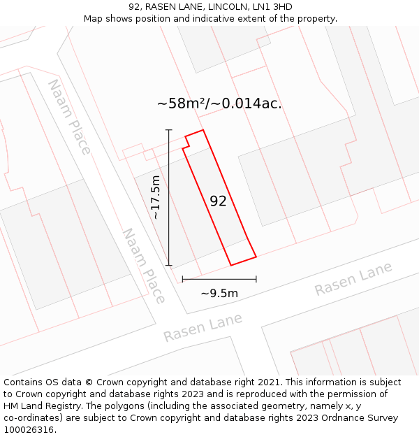 92, RASEN LANE, LINCOLN, LN1 3HD: Plot and title map