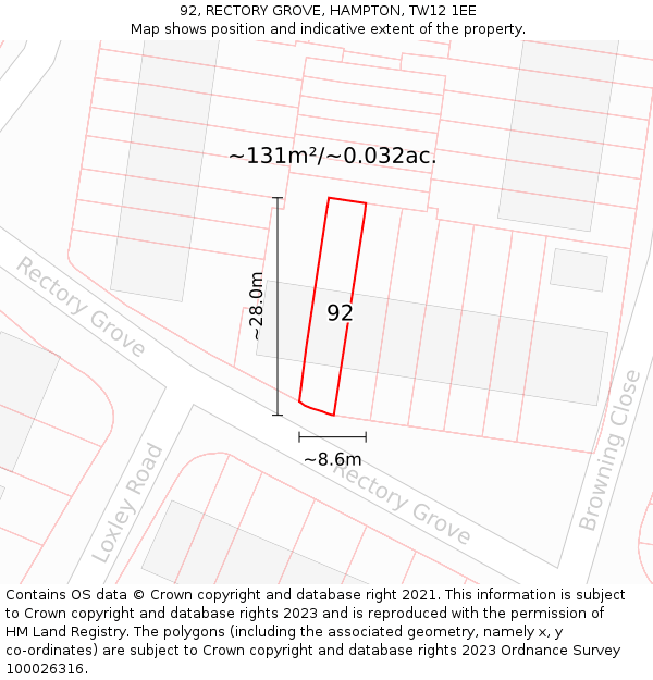92, RECTORY GROVE, HAMPTON, TW12 1EE: Plot and title map