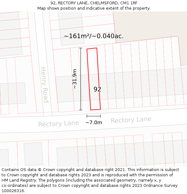 92, RECTORY LANE, CHELMSFORD, CM1 1RF: Plot and title map