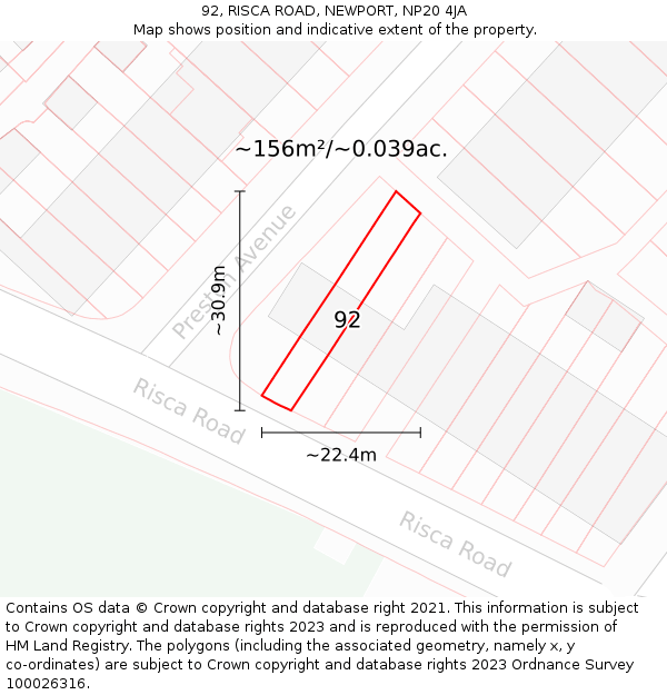 92, RISCA ROAD, NEWPORT, NP20 4JA: Plot and title map