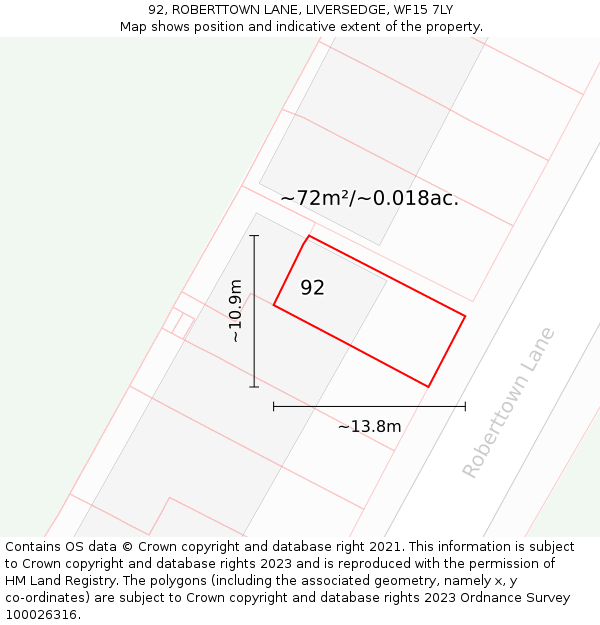 92, ROBERTTOWN LANE, LIVERSEDGE, WF15 7LY: Plot and title map