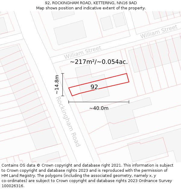 92, ROCKINGHAM ROAD, KETTERING, NN16 9AD: Plot and title map