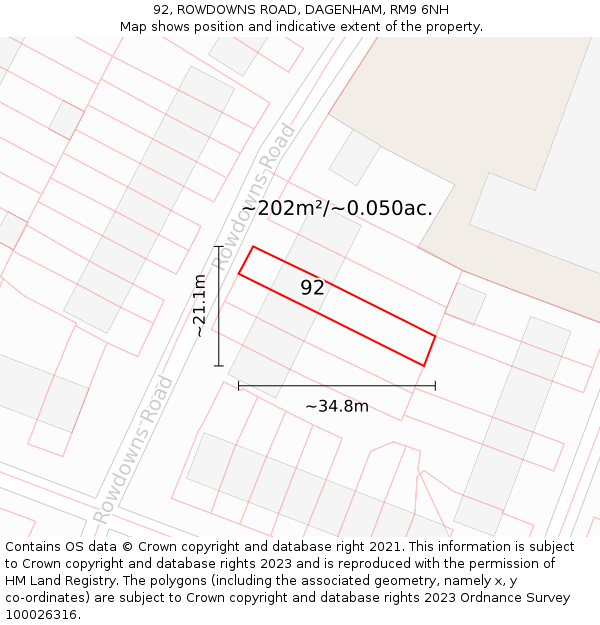 92, ROWDOWNS ROAD, DAGENHAM, RM9 6NH: Plot and title map