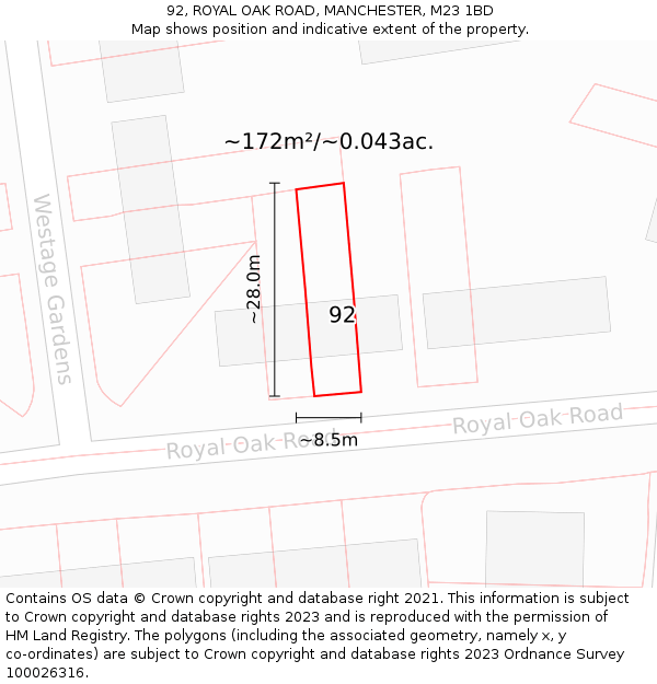 92, ROYAL OAK ROAD, MANCHESTER, M23 1BD: Plot and title map