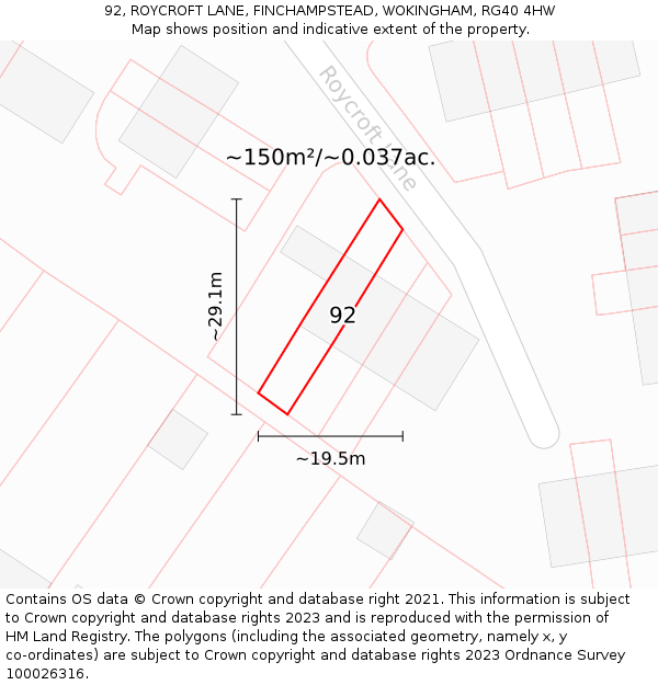 92, ROYCROFT LANE, FINCHAMPSTEAD, WOKINGHAM, RG40 4HW: Plot and title map