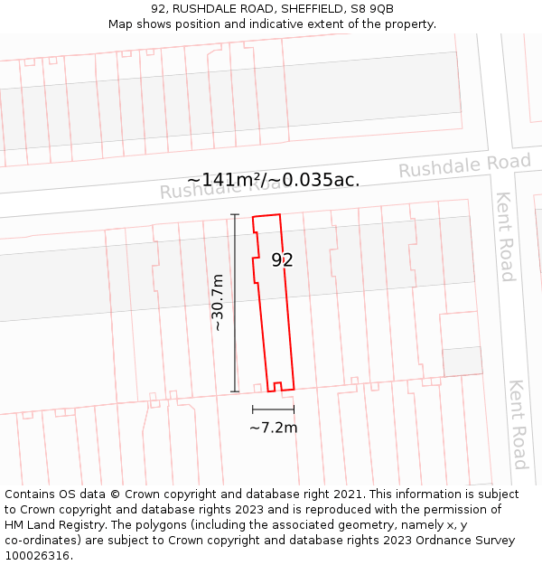 92, RUSHDALE ROAD, SHEFFIELD, S8 9QB: Plot and title map