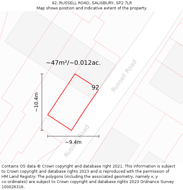92, RUSSELL ROAD, SALISBURY, SP2 7LR: Plot and title map