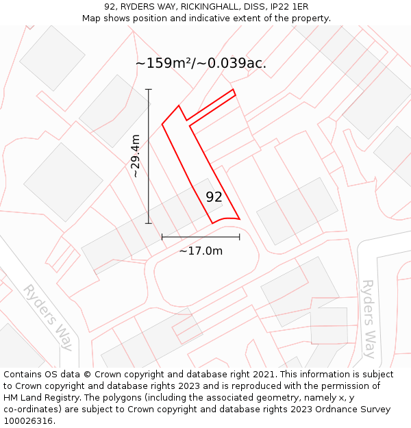 92, RYDERS WAY, RICKINGHALL, DISS, IP22 1ER: Plot and title map