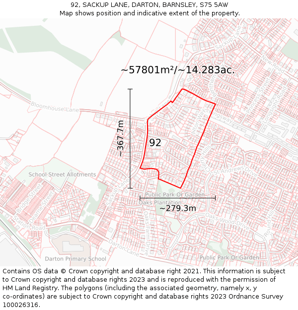 92, SACKUP LANE, DARTON, BARNSLEY, S75 5AW: Plot and title map