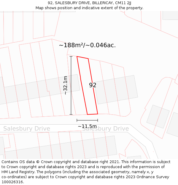 92, SALESBURY DRIVE, BILLERICAY, CM11 2JJ: Plot and title map