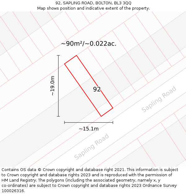 92, SAPLING ROAD, BOLTON, BL3 3QQ: Plot and title map