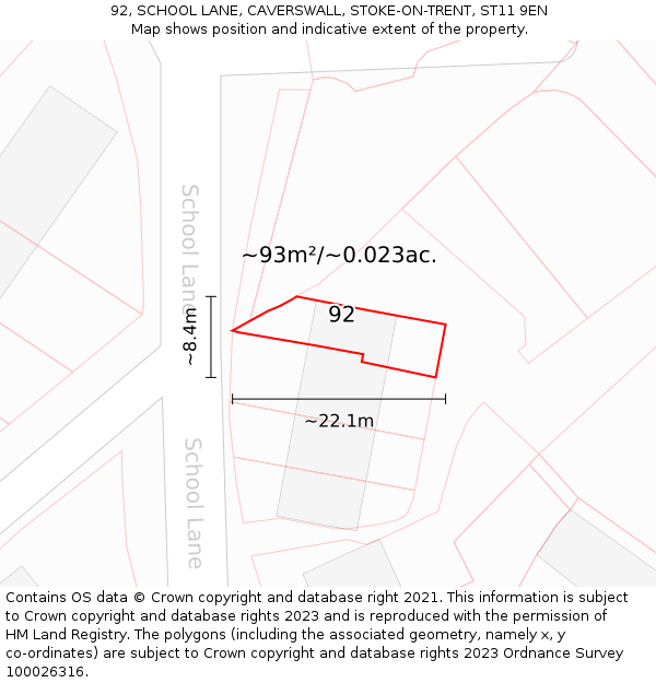 92, SCHOOL LANE, CAVERSWALL, STOKE-ON-TRENT, ST11 9EN: Plot and title map
