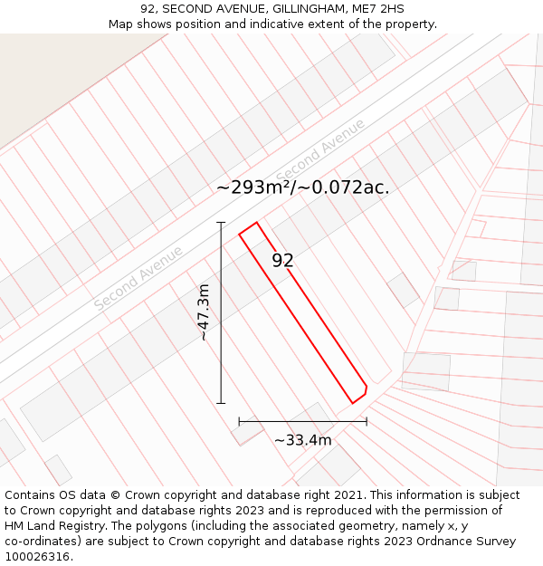 92, SECOND AVENUE, GILLINGHAM, ME7 2HS: Plot and title map