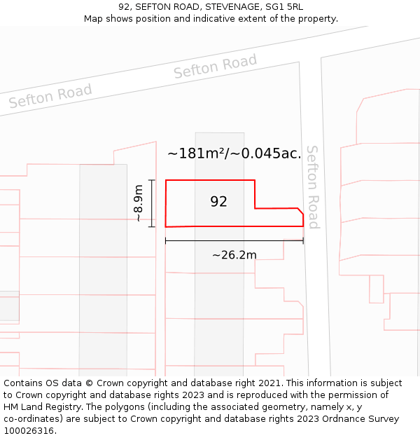92, SEFTON ROAD, STEVENAGE, SG1 5RL: Plot and title map