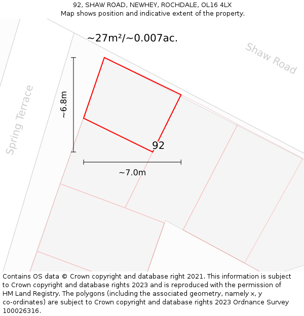 92, SHAW ROAD, NEWHEY, ROCHDALE, OL16 4LX: Plot and title map