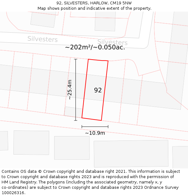 92, SILVESTERS, HARLOW, CM19 5NW: Plot and title map