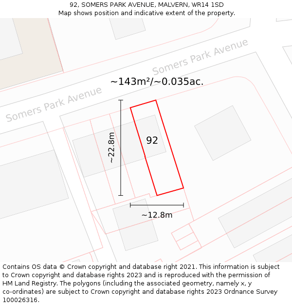 92, SOMERS PARK AVENUE, MALVERN, WR14 1SD: Plot and title map