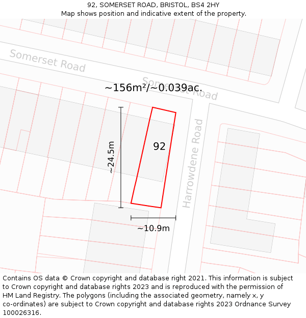 92, SOMERSET ROAD, BRISTOL, BS4 2HY: Plot and title map
