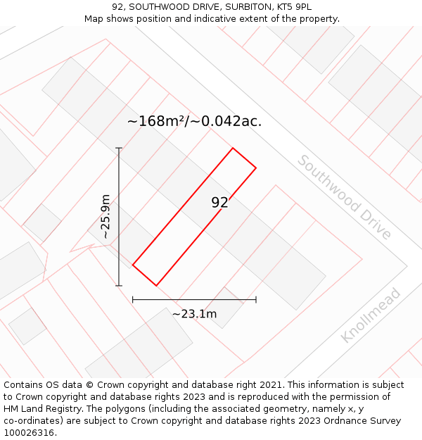 92, SOUTHWOOD DRIVE, SURBITON, KT5 9PL: Plot and title map