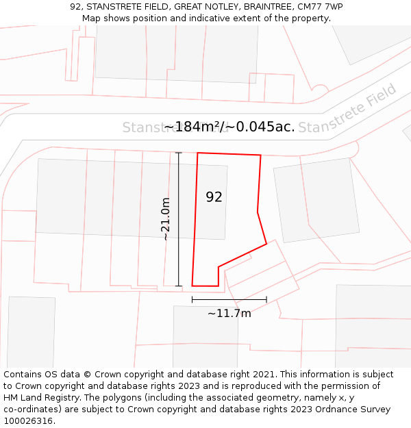 92, STANSTRETE FIELD, GREAT NOTLEY, BRAINTREE, CM77 7WP: Plot and title map