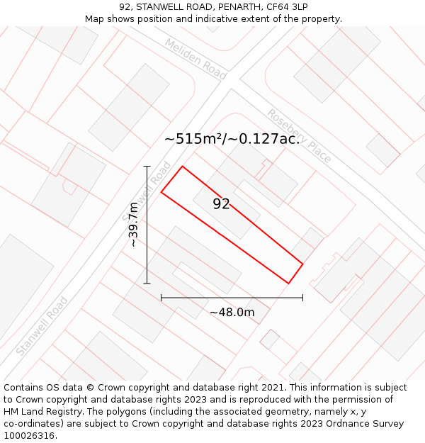 92, STANWELL ROAD, PENARTH, CF64 3LP: Plot and title map