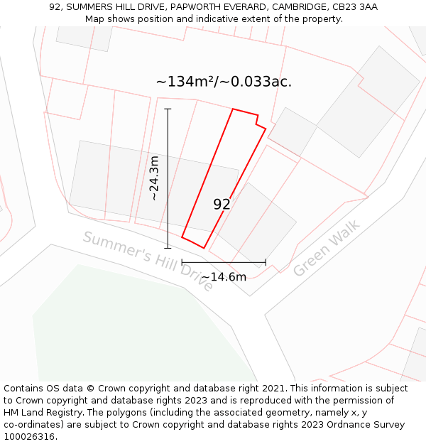 92, SUMMERS HILL DRIVE, PAPWORTH EVERARD, CAMBRIDGE, CB23 3AA: Plot and title map
