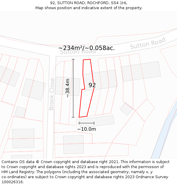 92, SUTTON ROAD, ROCHFORD, SS4 1HL: Plot and title map