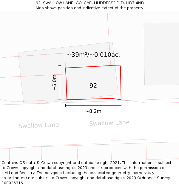 92, SWALLOW LANE, GOLCAR, HUDDERSFIELD, HD7 4NB: Plot and title map
