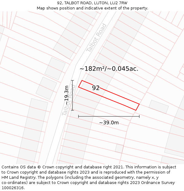 92, TALBOT ROAD, LUTON, LU2 7RW: Plot and title map