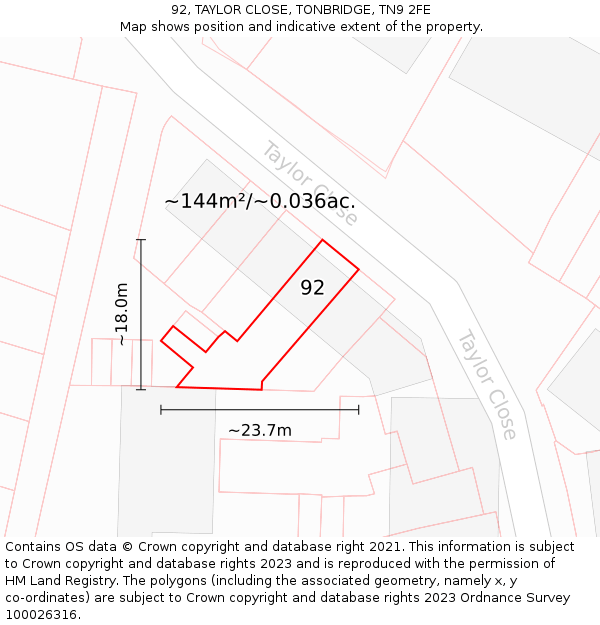92, TAYLOR CLOSE, TONBRIDGE, TN9 2FE: Plot and title map