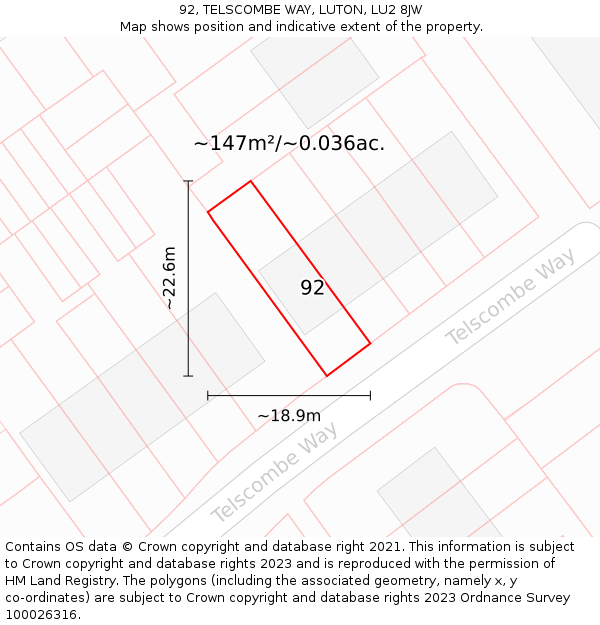92, TELSCOMBE WAY, LUTON, LU2 8JW: Plot and title map