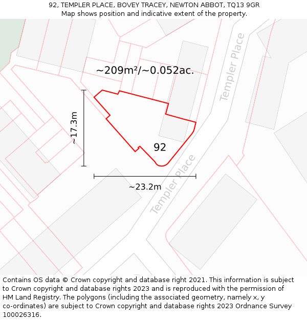 92, TEMPLER PLACE, BOVEY TRACEY, NEWTON ABBOT, TQ13 9GR: Plot and title map