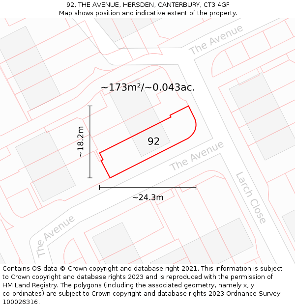 92, THE AVENUE, HERSDEN, CANTERBURY, CT3 4GF: Plot and title map