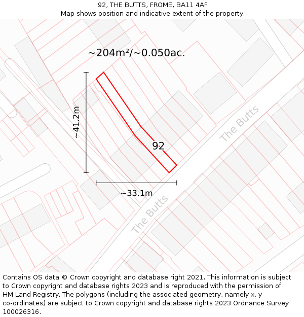 92, THE BUTTS, FROME, BA11 4AF: Plot and title map