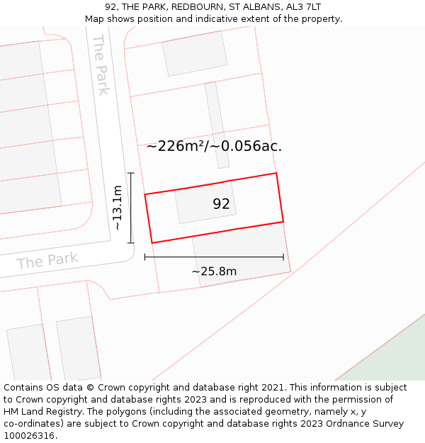 92, THE PARK, REDBOURN, ST ALBANS, AL3 7LT: Plot and title map