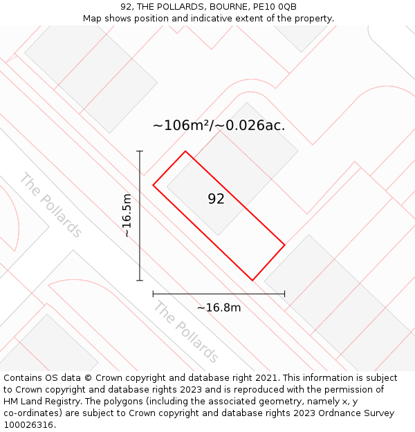 92, THE POLLARDS, BOURNE, PE10 0QB: Plot and title map