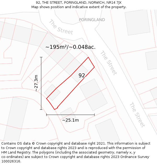92, THE STREET, PORINGLAND, NORWICH, NR14 7JX: Plot and title map