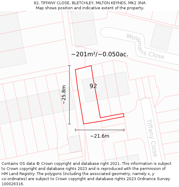 92, TIFFANY CLOSE, BLETCHLEY, MILTON KEYNES, MK2 3NA: Plot and title map