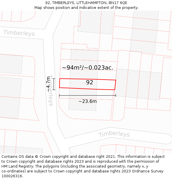 92, TIMBERLEYS, LITTLEHAMPTON, BN17 6QE: Plot and title map