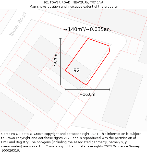 92, TOWER ROAD, NEWQUAY, TR7 1NA: Plot and title map