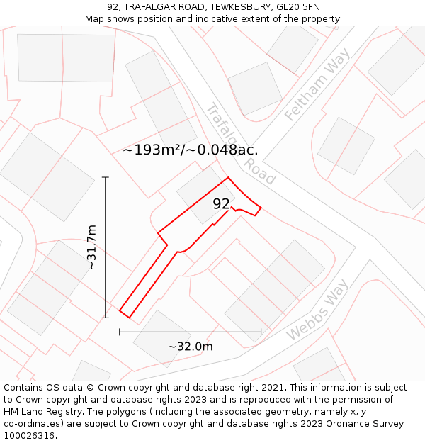 92, TRAFALGAR ROAD, TEWKESBURY, GL20 5FN: Plot and title map